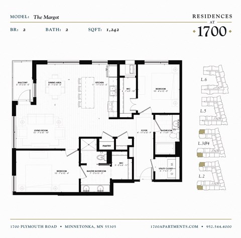 Floor plan for 2 beds, 2 baths, 1242 sqft